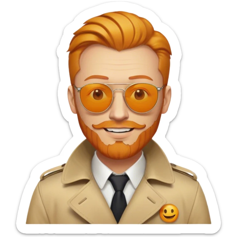 ginger with a trenchcoat with a yellow smiley pin, orange slicked back hair, and an orange chin beard with sunglasses sticker