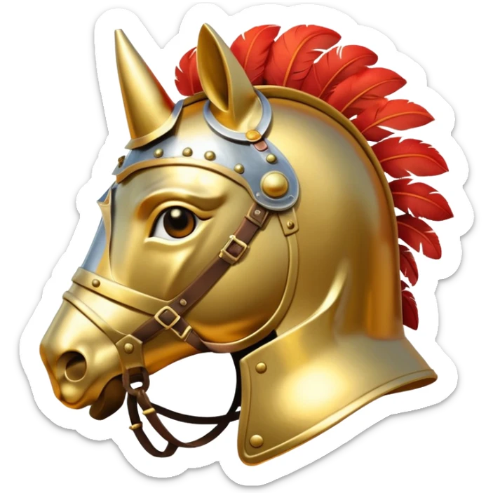 An emoji of a powerful Roman warhorse in full armor, with a feathered helmet. sticker