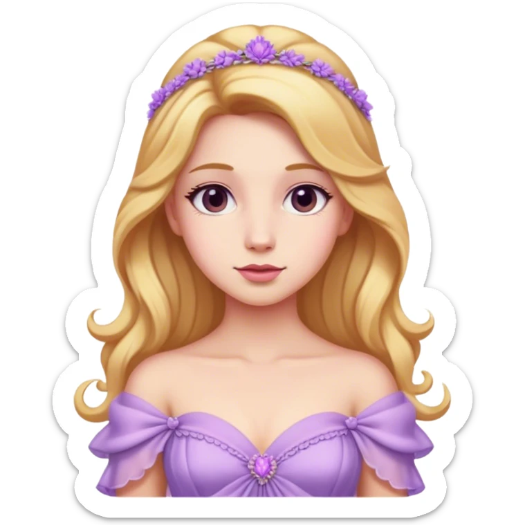 Cinematic Realistic Rapunzel Portrait, with porcelain-like skin featuring a subtle, natural glow, illuminated by soft lighting that brings out the gentle contours of her face. Her long, golden blonde hair cascades in detailed waves, each strand highlighted with a radiant shimmer as it catches the light. She playfully holds a flower in one hand, her other hand resting casually in her lap, with a warm and spirited expression. Her bright, expressive green eyes exude curiosity and warmth, framed by delicate lashes and soft, arched brows. She is dressed in her classic lavender and pink gown, the fabric textured with delicate folds that flow naturally, catching the light with a soft, radiant glow. The portrait captures a luminous, enchanting aura, seamlessly blending realism with a whimsical, fairytale charm, evoking a timeless sense of beauty and magic. sticker