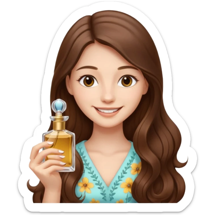 half body pretty long hair girl holding 1 parfume with smile sticker