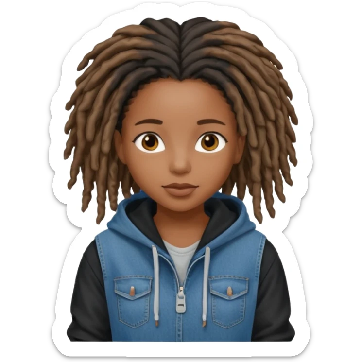 make a black girl with locs wearing a denim hoodie with black sleeves sticker