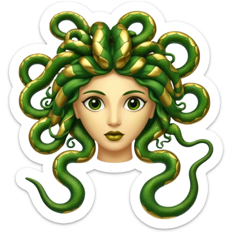 The Sicilian Medusa in gold and green and make the snake hair have snake faces  sticker