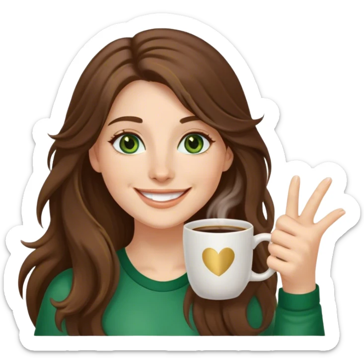 Long, Brown haired girl with middle hair part, green eyes, gold hoop nose ring, smiling, waving with one hand, coffee mug in the other sticker