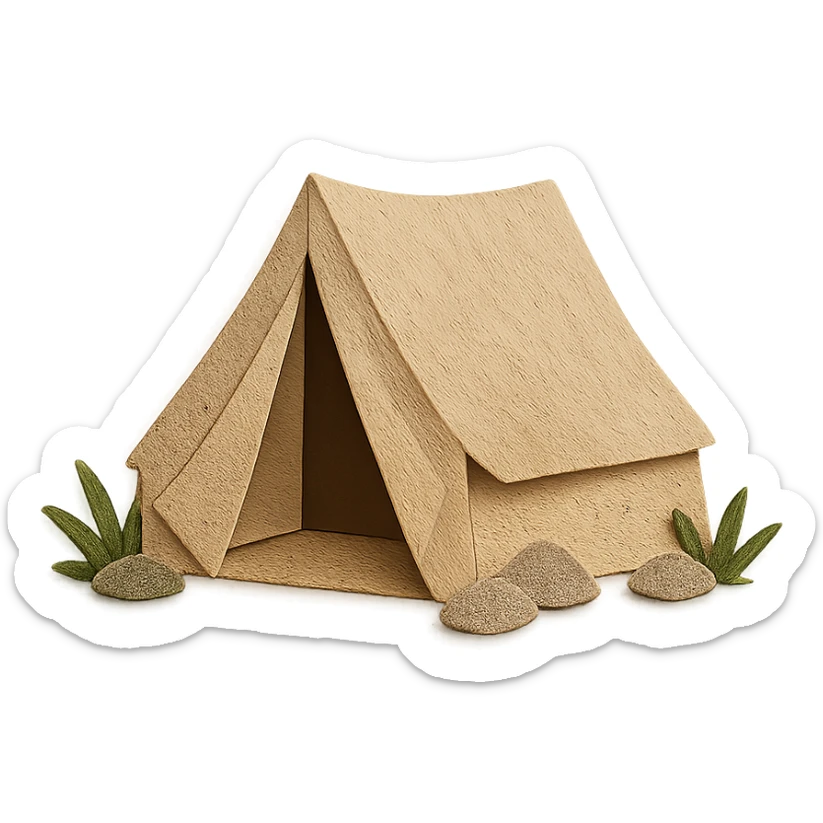 beige camping tent, paper craft style, very detailed fabric texture, pitched tent with open flap, surrounded by grass and small rocks sticker