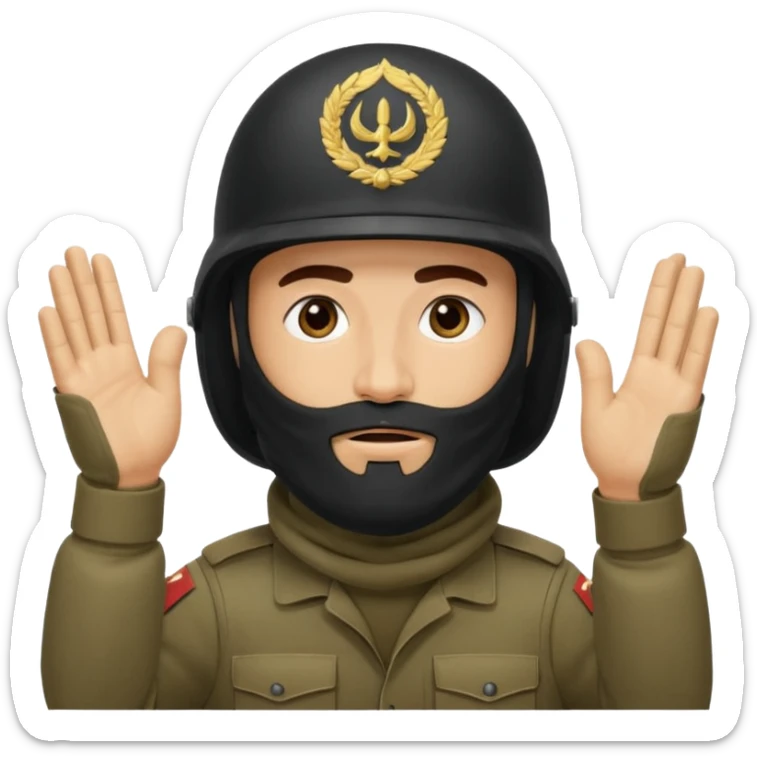surrenders, depicts an Iraqi soldier from 1980, with a beard, in a helmet, with a balaclava, with a sad face and raised hands sticker