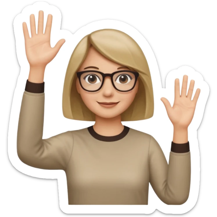 woman dark blonde petite bob haircut wears smaller squared dark  glasses, classic clothes, smiling, waving, a tad older, waving, light colored shirt sticker