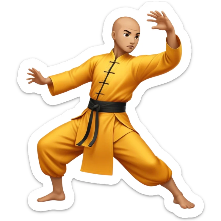 Cinematic Realistic Kung Fu Action Emoji, depicted as an epic martial arts scene with a master executing a precise move in traditional attire, rendered with fluid motion and vibrant textures under dramatic high-contrast lighting. sticker