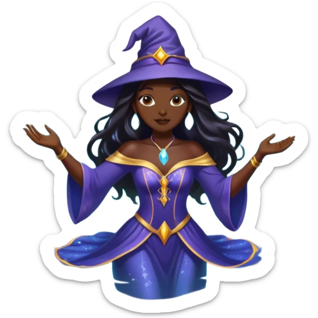 A glamorous celebrity-style woman with long dark hair, dressed as a mystical wizard, floating in a magical pool. She looks confident and enchanting, with a playful ghost nearby. No swimsuit, but covered in a glowing magical aura. sticker