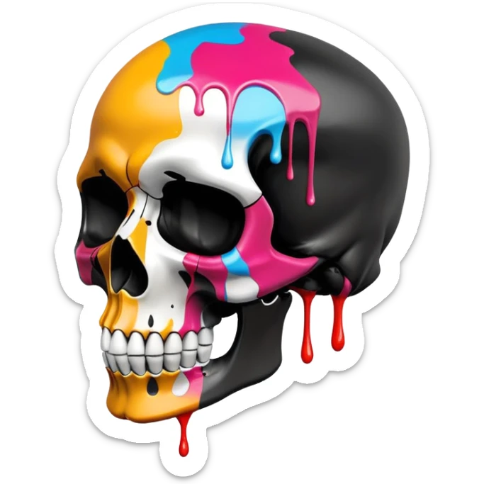 smooth black skull with street art colors and brand logos painted within the skull's surface, minimal paint drips that don't extend past skull outline, angled view sticker