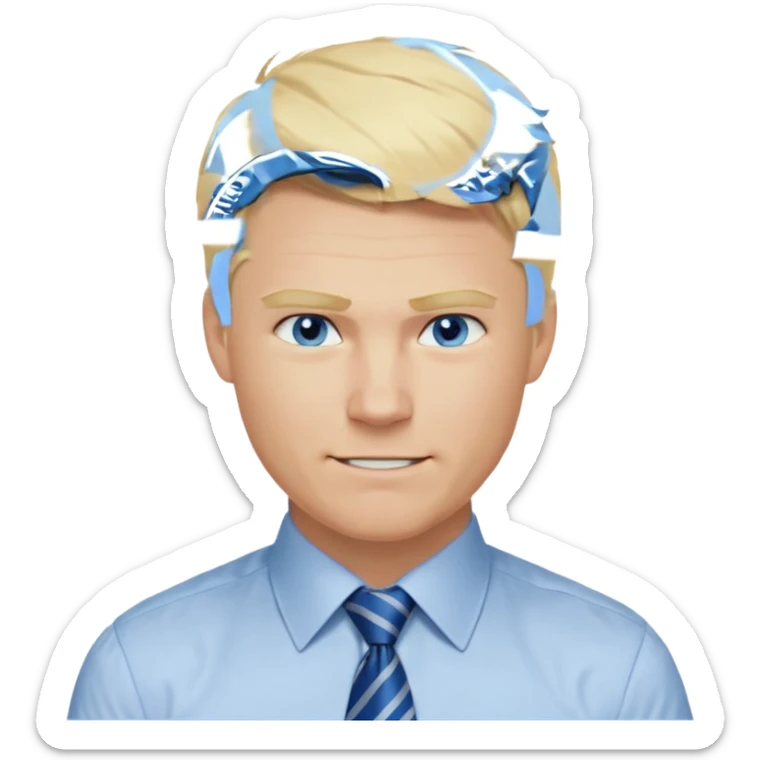 A guy with blonde hair and blue eyes that looks masculine. make him wear a shirt with a tie. he is danish. Make 4 diferent variations. in one he is smilin. in one he is angry sticker