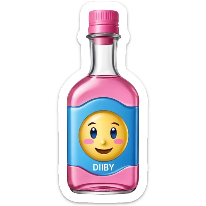 Smiling bottle of oil blue top pink outside with logo that says Diddy oil sticker