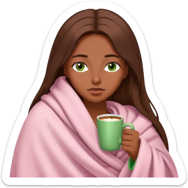 woman with very long brown hair and green eyes in a light pink blanket sleepy with coffee sticker