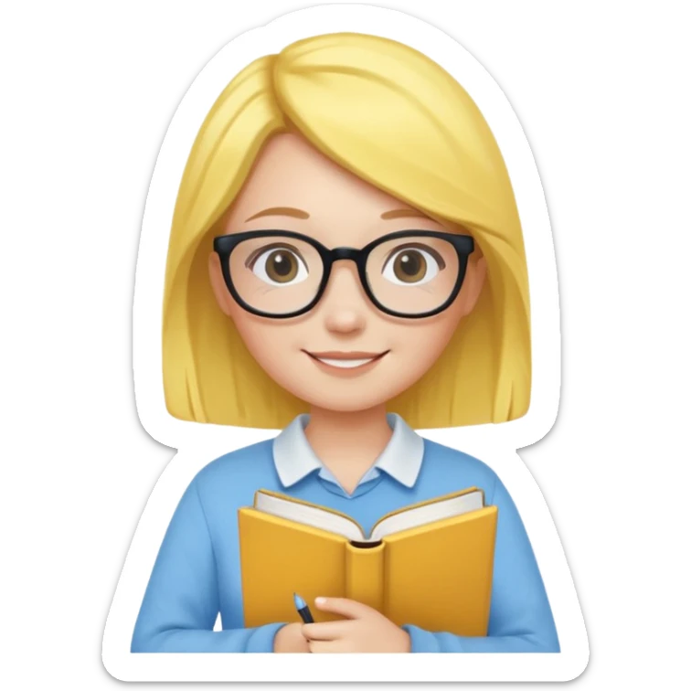 A smart and cute girl with yellow bobbed hair, wearing sky blue clothes,
I hold a book in one arm. There is a pen in the book.
He is wearing black-rimmed glasses and smiling brightly. sticker