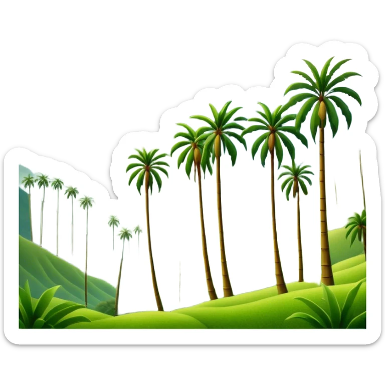 Cinematic Realistic Cocora Valley Landmark Emoji, featuring towering wax palm trees swaying in the misty green valley, with rolling hills and distant mountain peaks bathed in warm morning light. sticker