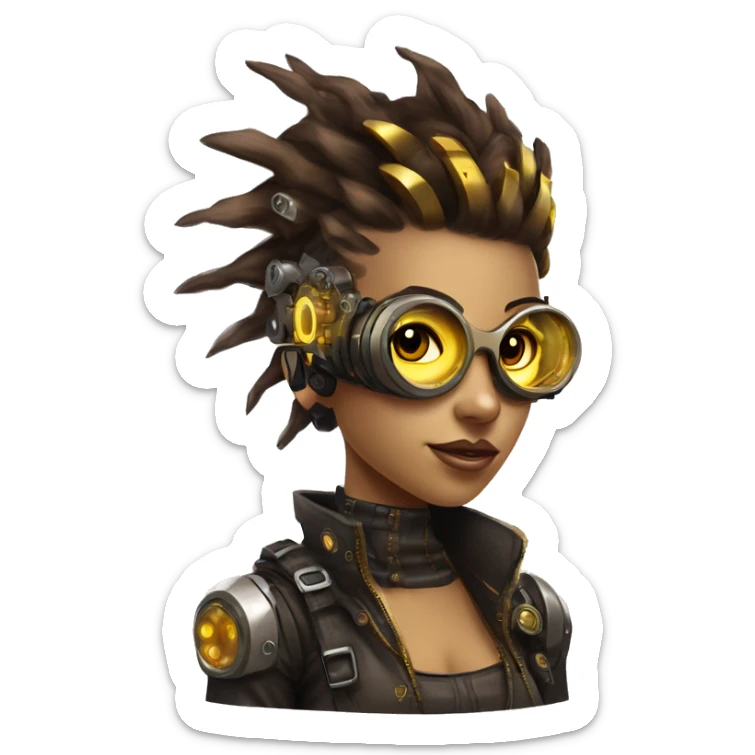 Brown with yellow streaks Mohawk hair female cyborg head, tan skin, steampunk goggles and circuits sticker