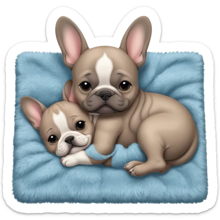 Gray French bulldog puppy, sleeping on a realistic fuzzy blanket with his mom sticker