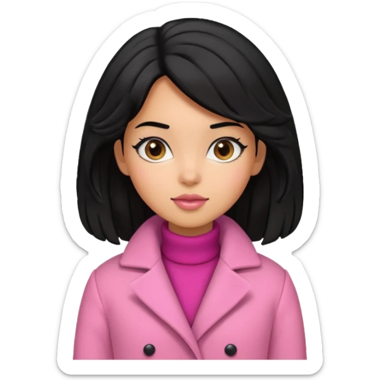 A caramel skinned girl that’s has puffy black hair with her hair up skinny and wears a pink coat  sticker