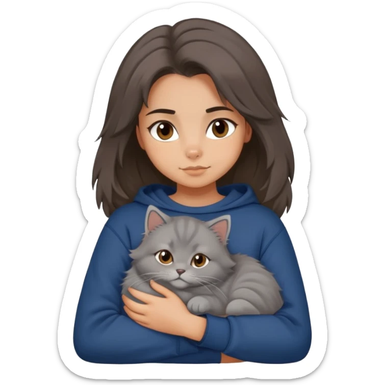 Brunette girl with dark blue sweatshirt snuggling a fluffy grey Siberian cat, cute cartoon style sticker