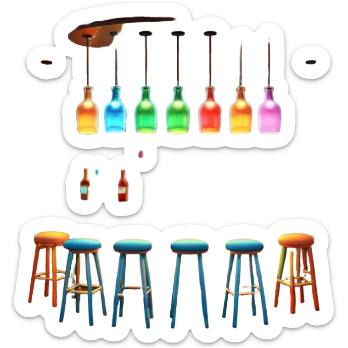 A 3D cartoon bar interior with a counter, glowing shelves of colorful bottles, tall stools, and hanging lights, warm ambient lighting, realistic reflections, Memoji-style. sticker