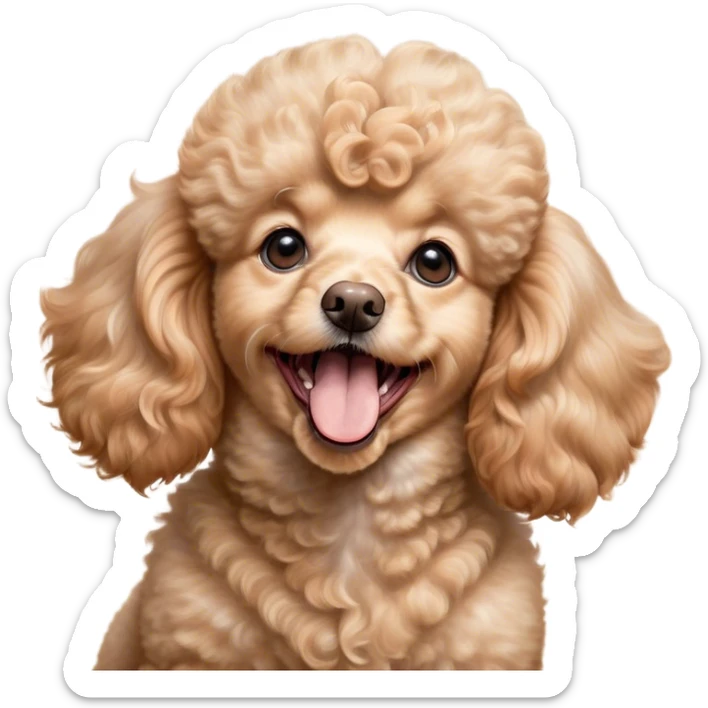 Cinematic Cute Yawning Apricot Poodle Portrait Emoji, Head tilted slightly with a dramatic, wide-open yawn, displaying a soft, curly apricot Fur with delicate texture, floppy ears slightly drooping, round warm eyes barely open in drowsy contentment, Simplified yet irresistibly adorable features, highly detailed, glowing with a soft, cozy glow, high shine, relaxed yet expressive, stylized with a touch of whimsy, bright and endearing, soft glowing outline, capturing the essence of a sleepy yet affectionate companion, so drowsy it feels like it could stretch right out of the screen and curl up for a nap! sticker