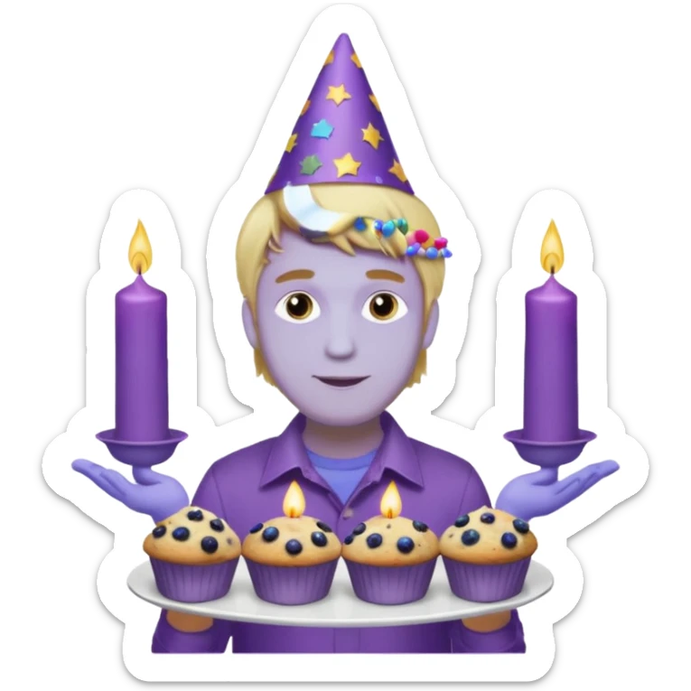 Man with blonde hair wearing purple shirt and a party hat holding several blueberry muffins either candles in them  sticker