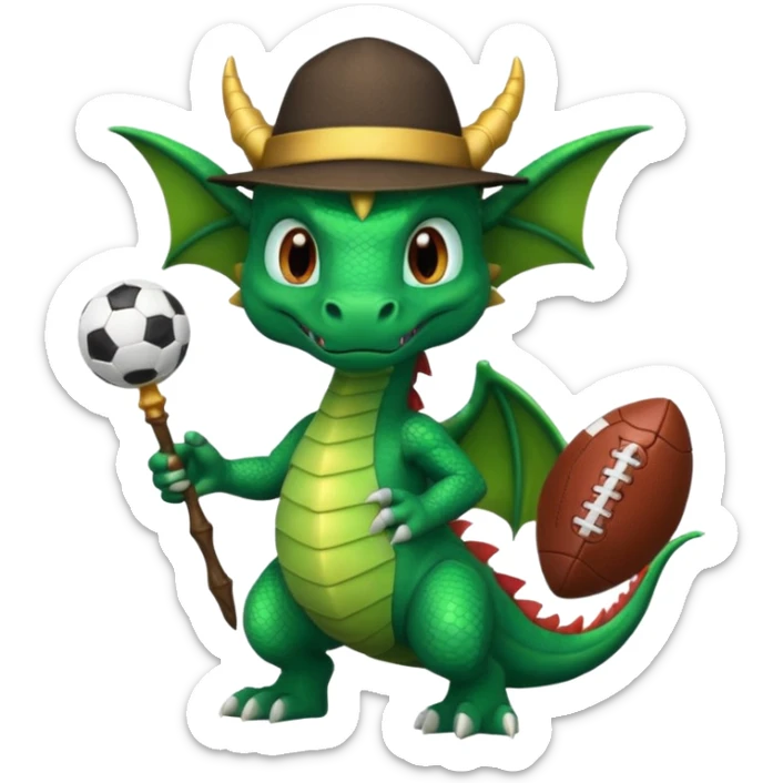 ein Drache mit einem Zauberstab in der Hand  und einen Hud  auf dem kopf,ein Fussball in der anderen hand sticker