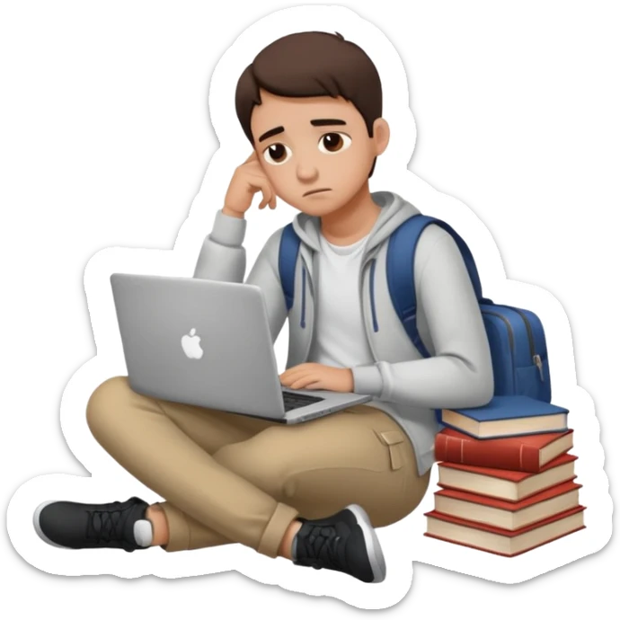 a student crashing out with the laptop on the lap and books on the side -  an emoji like this 😭 sticker