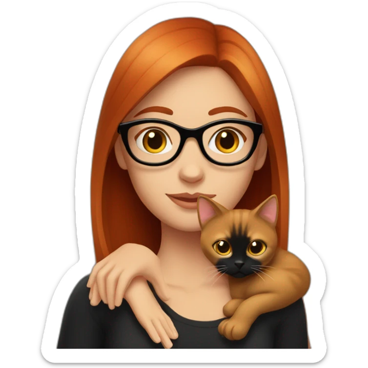 woman with straight red hair and black-rimmed glasses, with a black cat on her lap sticker