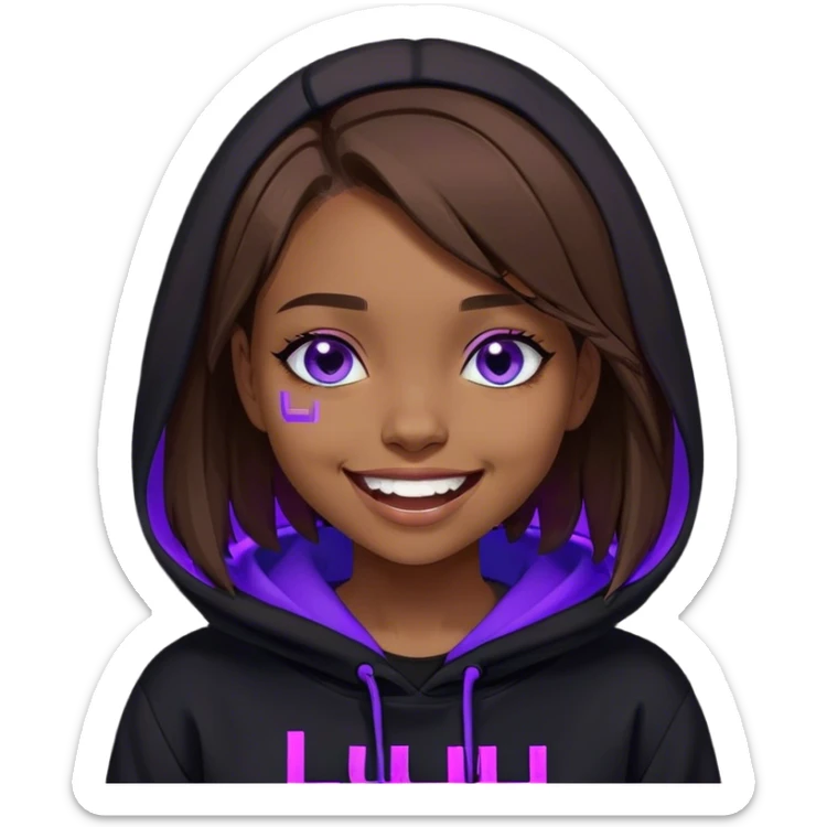 brown haired girl with a bob and blue eyes wearing black hoody with violet letters "Lu", laughs. Cyberpunk style. Violet neon. sticker