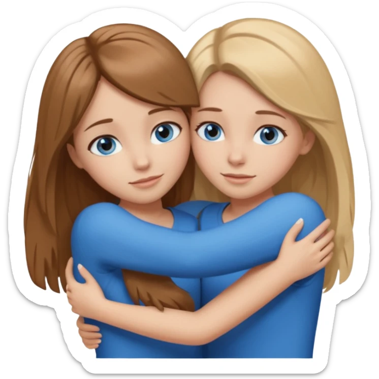 two Girls, Brown and Blonde hair, with Blue Eyes hugging one has Brown hair sticker