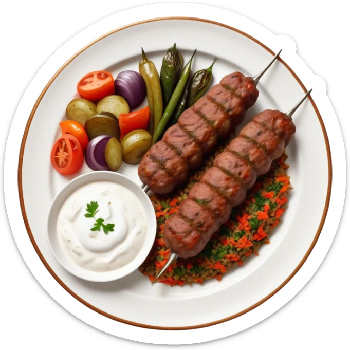 Cinematic Realistic image of a long, hand shaped Turkish Köfte, rendered with richly spiced meat textures and subtle grill marks, artfully arranged on a traditional Turkish ceramic plate alongside classic sides such as a serving of aromatic pilaf, crisp grilled vegetables, and a dollop of creamy yogurt, all bathed in warm, appetizing lighting that emphasizes its savory allure. sticker