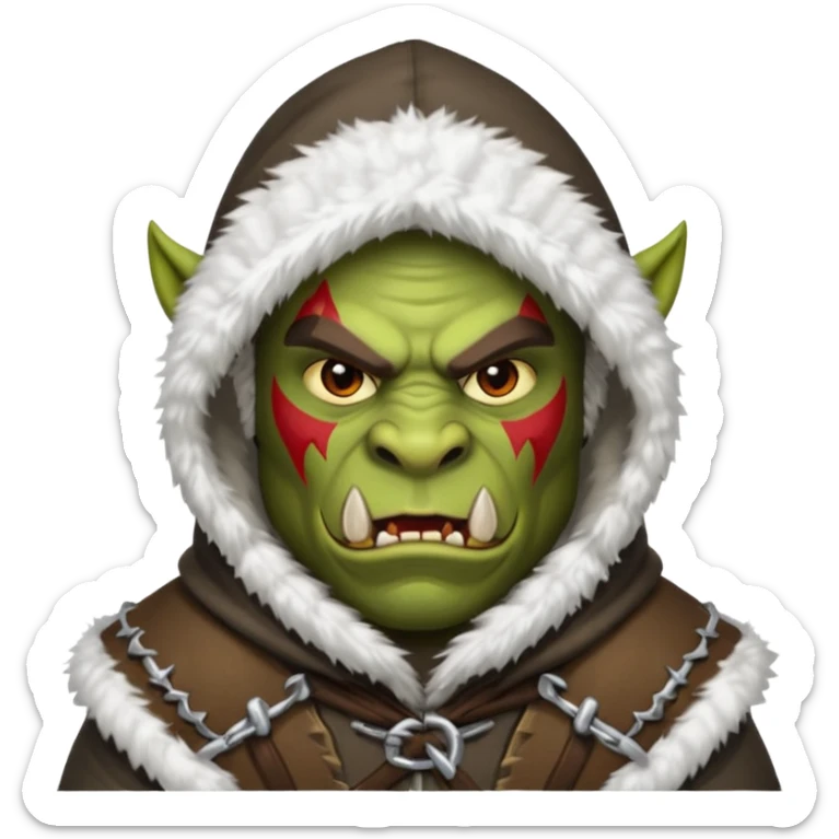 Fantasy Christmas orc raider icon, winter bandit style, fur hood, aggressive cunning expression, snowy action mood, clean emoji portrait style, male/female variant
 sticker
