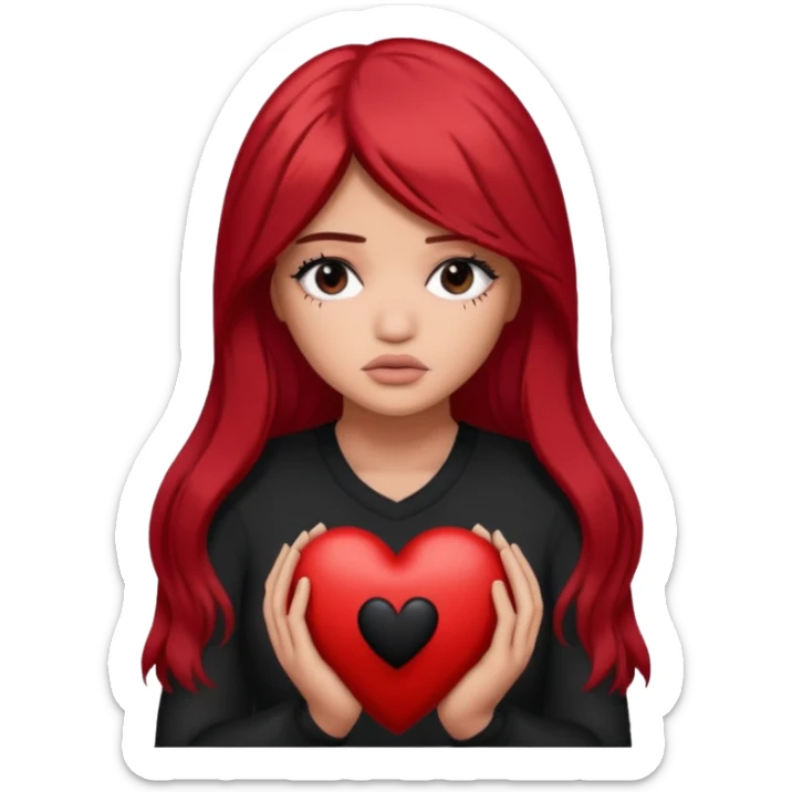 A Kylie Jenner with long red hair is sad and holds a black heart in her hands sticker
