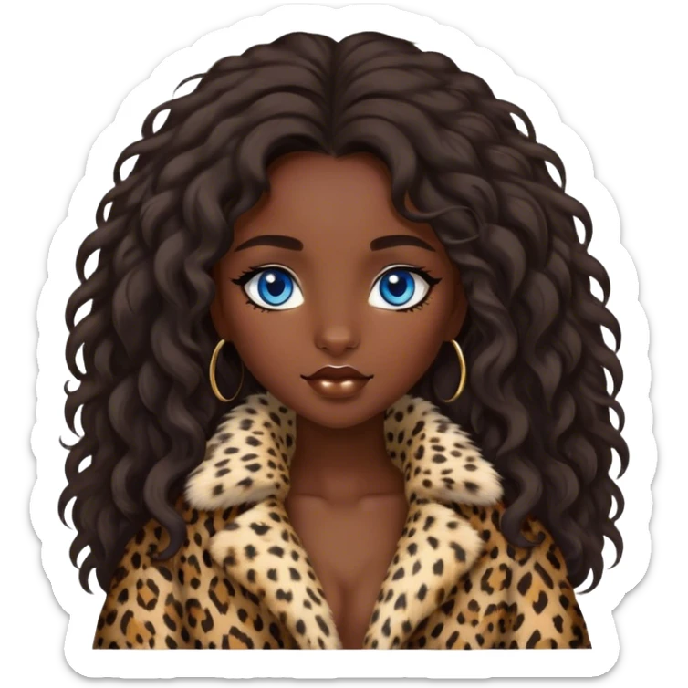 Dark Brunette girl blue eyes with long wavy hair in fluffy leopard fur coat  sticker