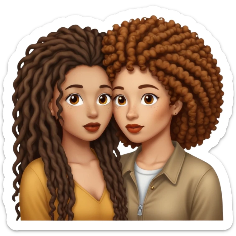 Light skin black woman with freckles and long dreads kissing brown skin woman with brown Curly Afro sticker