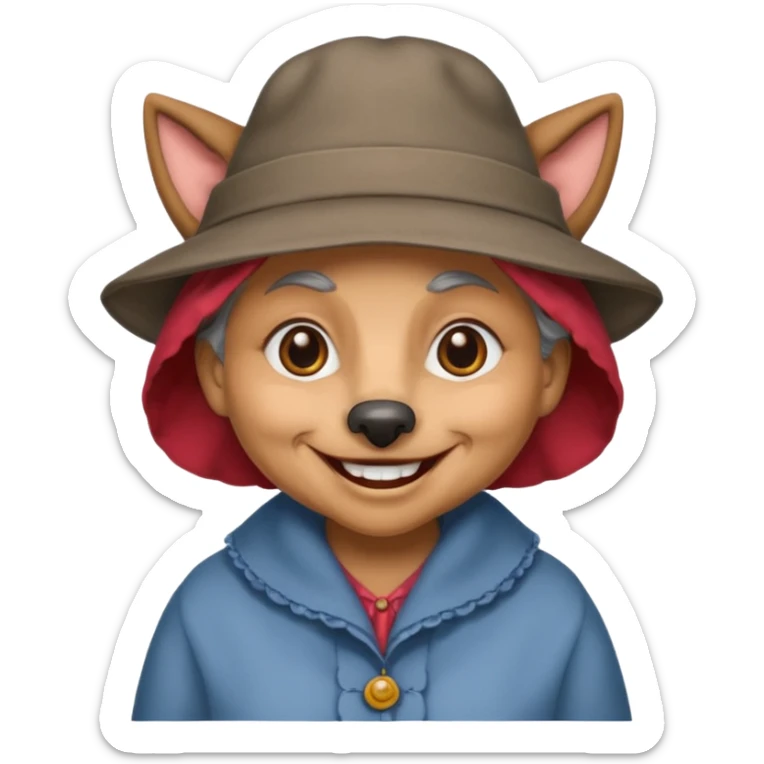 The big bad wolf is wearing Grandma's clothes and a hat, yet its face still looks like a wolf's. sticker