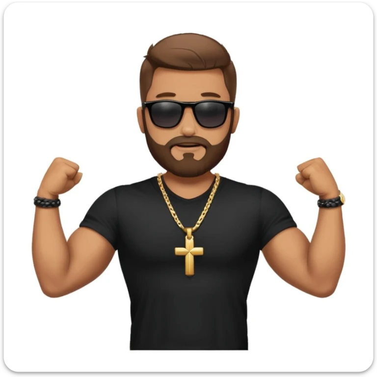 bearded man with sunglasses, black shirt, and cross necklace, flexing arms in a confident pose, outdoor background sticker