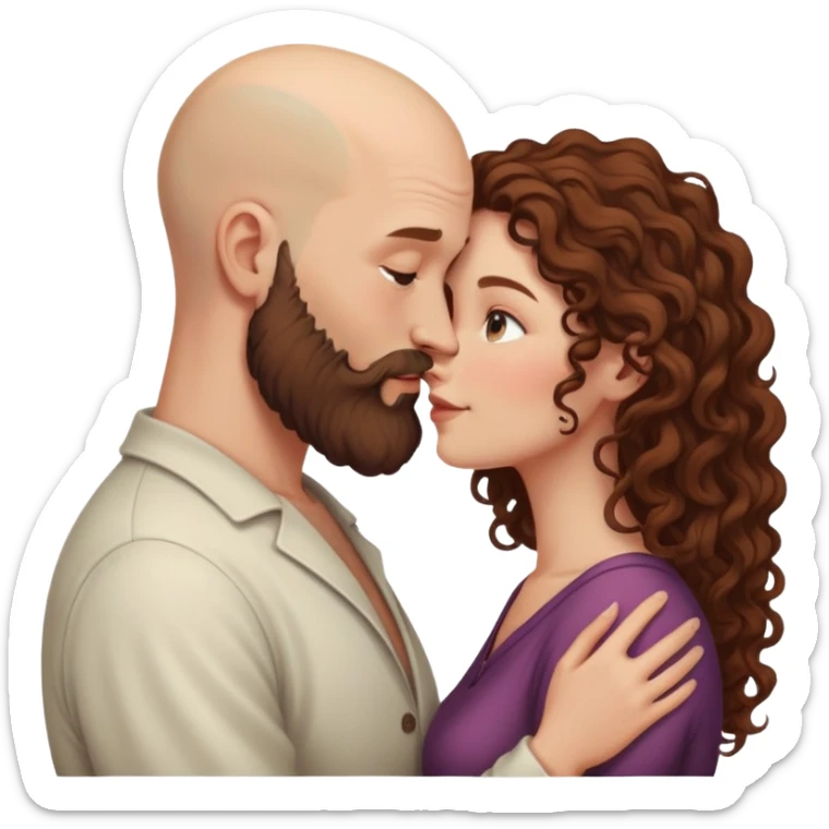 intimate moment between lovers bald man brown beard long  curly hair woman sticker