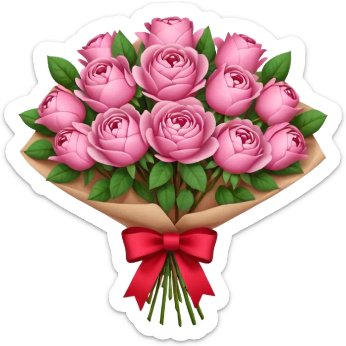 Bouquet of pink flower like rose and peony wrapped in kraft paper with red bow sticker