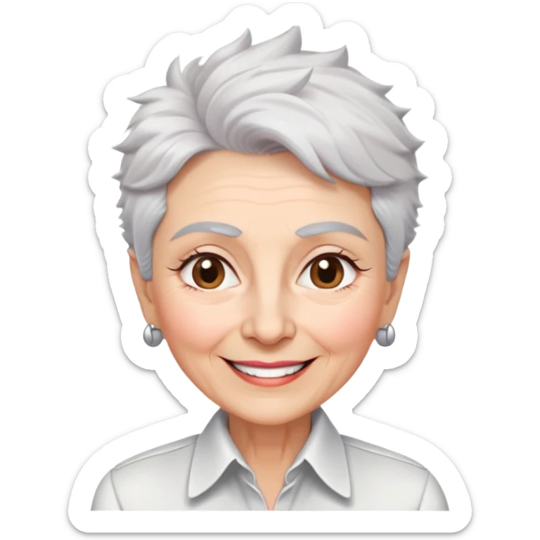 Senior version of Marian Pabón with defined facial structure, light pinkish skin showing age, almond eyes, arched eyebrows, charismatic wide smile, short spiky white-gray hair, more pronounced aging features, wearing a formal white buttoned shirt sticker