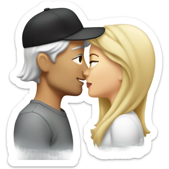 Woman with long blond hair kissing man with short grey hair and a black cap sticker