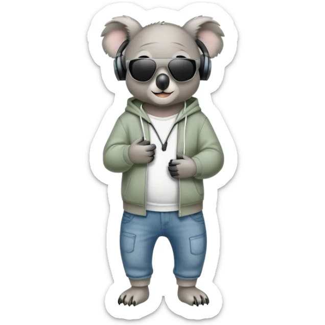 anthropomorphised koala full body wearing a hoodie and jeans dark sunglasses headphones different pose sticker