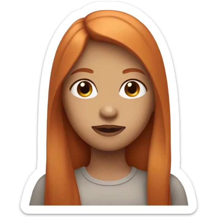 A girl has ginger, straight long hair. Her lips are big and pink sticker