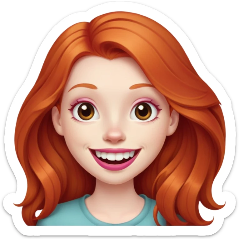 Young girl with pale skin, longer face, full pink lips smiling with big teeth, very long ginger red hair, big brown eyes, bigger nose, big mouth sticker