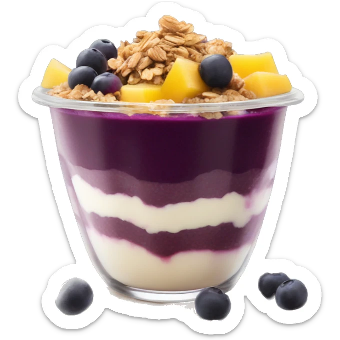 Açaí in a clear cup with layers of fruits and granola and condensed milk sticker
