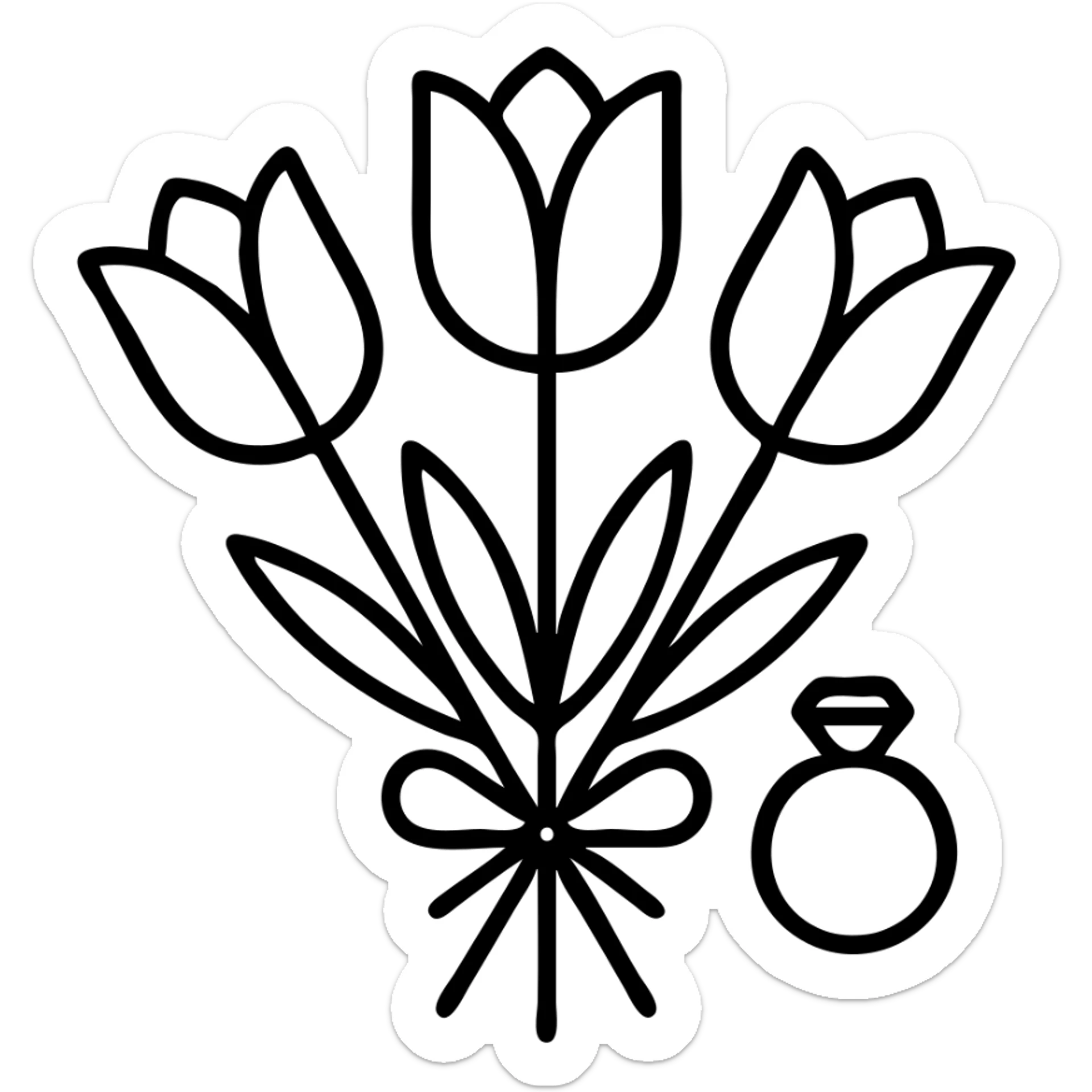 simple elegant icon of a bouquet of pink tulips with a ring, minimalistic style, transparent background sticker