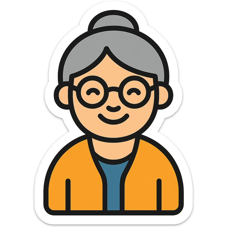 elderly smiling granny who looks like a librarian, glasses, neat hair bun, cardigan sticker