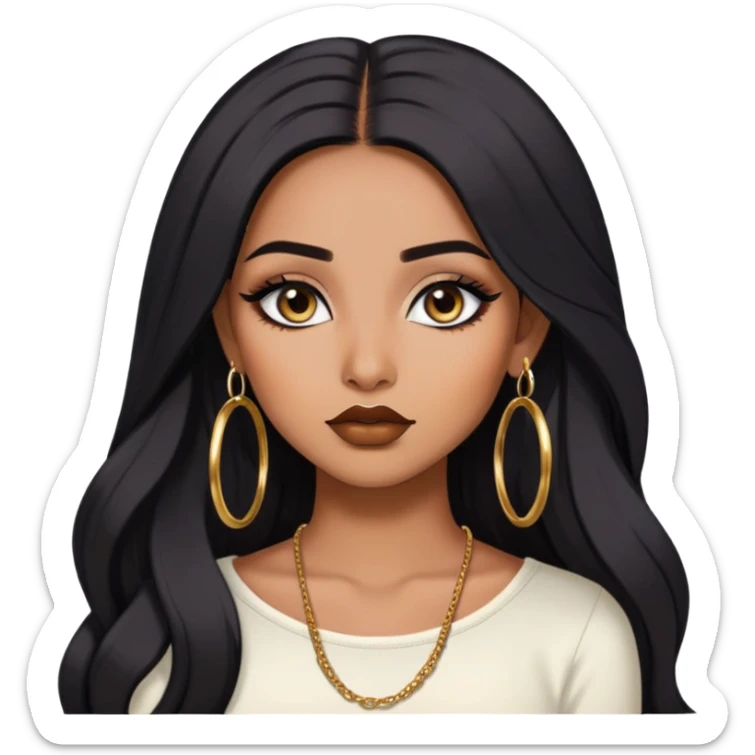 indian girl, brown skin, long black voluminous hair, brown underneath colored hair, baddie,pretty, makeup, lipliner, black eyeliner, gold hoop earrings, white top sticker