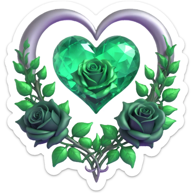 gothic heart made of emerald green glass, silver crescent moon, dark green roses, holographic stardust, neon green lightning, drenched and splintered glass sticker