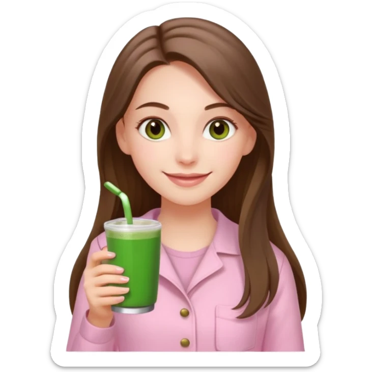happy white long brunette hair girl with hazel eyes wearing light pink who is holding matcha sticker